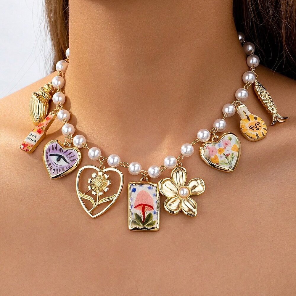 Multicolor Bohemian Women's Charm Necklace with Heart Lock and Faux Pearl